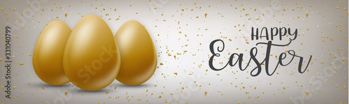 Happy Easter holiday banner or newsletter header. Golden eggs on brown background. Vector illustration with lettering.