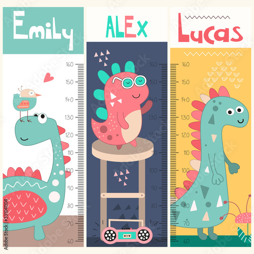 Kids height chart with funny dinosaurs in doodle cartoon style. Vector Illustration. Childish meter wall for nursery design with cute dino. Great for girl and boy. Mint and pink colors.