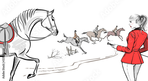 Beautiful fashion woman with english equestrian sport fox hunting style horse rider. England landscape steeplechase tradition rider girl. Vector hand drawn stylish lady model with whip and hair tail