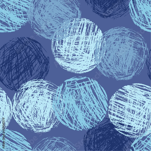 Classic blue color geometric circle forms seamless pattern. Hand drawing round artistic grunge stroke figure. Vector crayon, chalk or pencil sphere texture abstract background.
