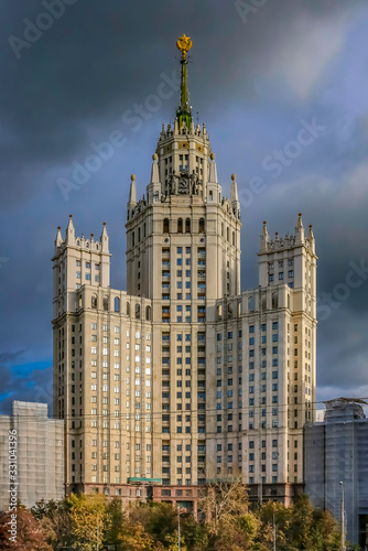 Stalinist style Kotelnicheskaya Embankment Building, a Stalin's high-rise built in 1952 by Moskva River, Moscow, Russia