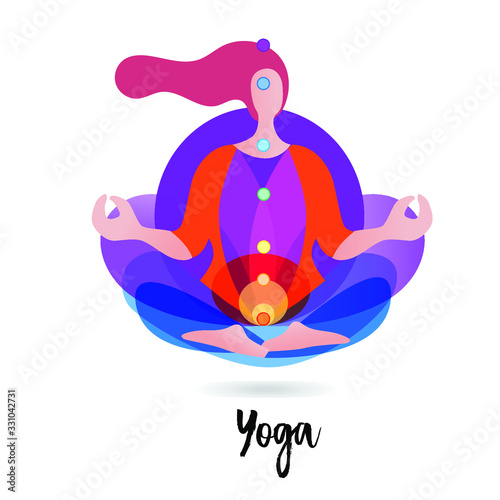 Meditating woman in lotus pose. Yoga illustration. Colorful 7 chakras and aura glow. Mandala background