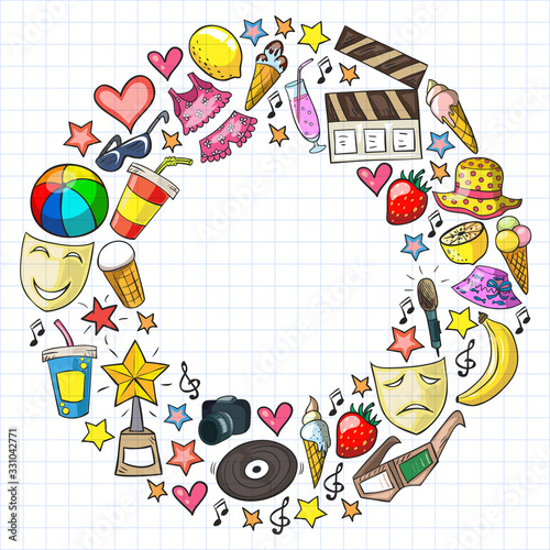 Vector pattern with icons for beauty and shopping. Icons for beauty, shopping, fashion, shopping mall, strip mall. Sale, discount.
