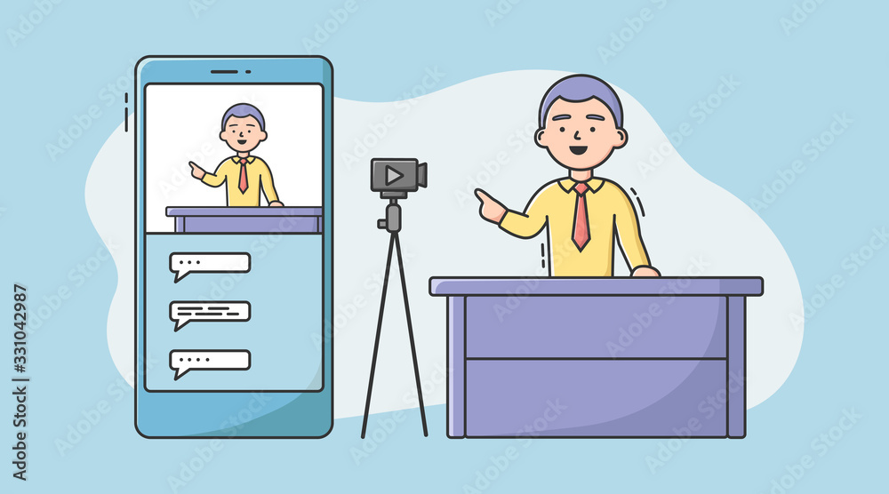 Video Blog Concept . Video Blogger Make A Vlog By Camera. Man Making Live  Stream, Social Media Network Bloggers Collaboration. Interview, Video  Recording. Cartoon Linear Outline Vector Illustration Stock Vector | Adobe  Stock