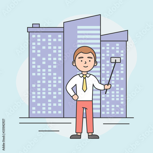 Concept Of Making Selfie. Video Blogger Is Making Selfie Or Vlog By Smartphone Stick On Cityscape Background. Boy Is Smiling And Having A Good Time. Cartoon Linear Outline Flat Vector Illustration