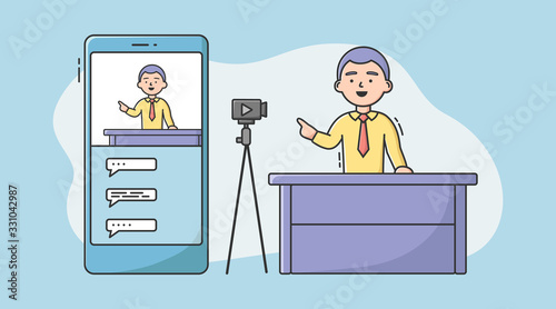 Video Blog Concept . Video Blogger Make A Vlog By Camera. Man Making Live Stream, Social Media Network Bloggers Collaboration. Interview, Video Recording. Cartoon Linear Outline Vector Illustration