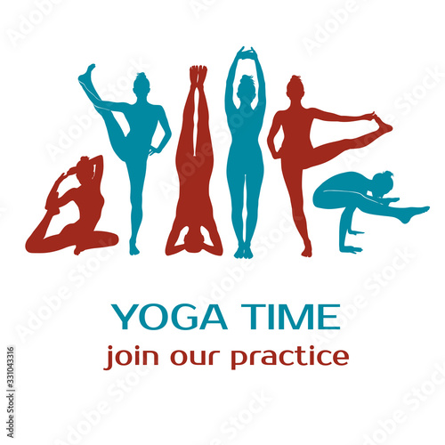 Collection of different yoga icons of slim women mixed together for advertising yoga classes. Design for yoga background.