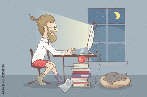 Working from home. Young man works on the computer on home, funny vector illustration. EPS 10.