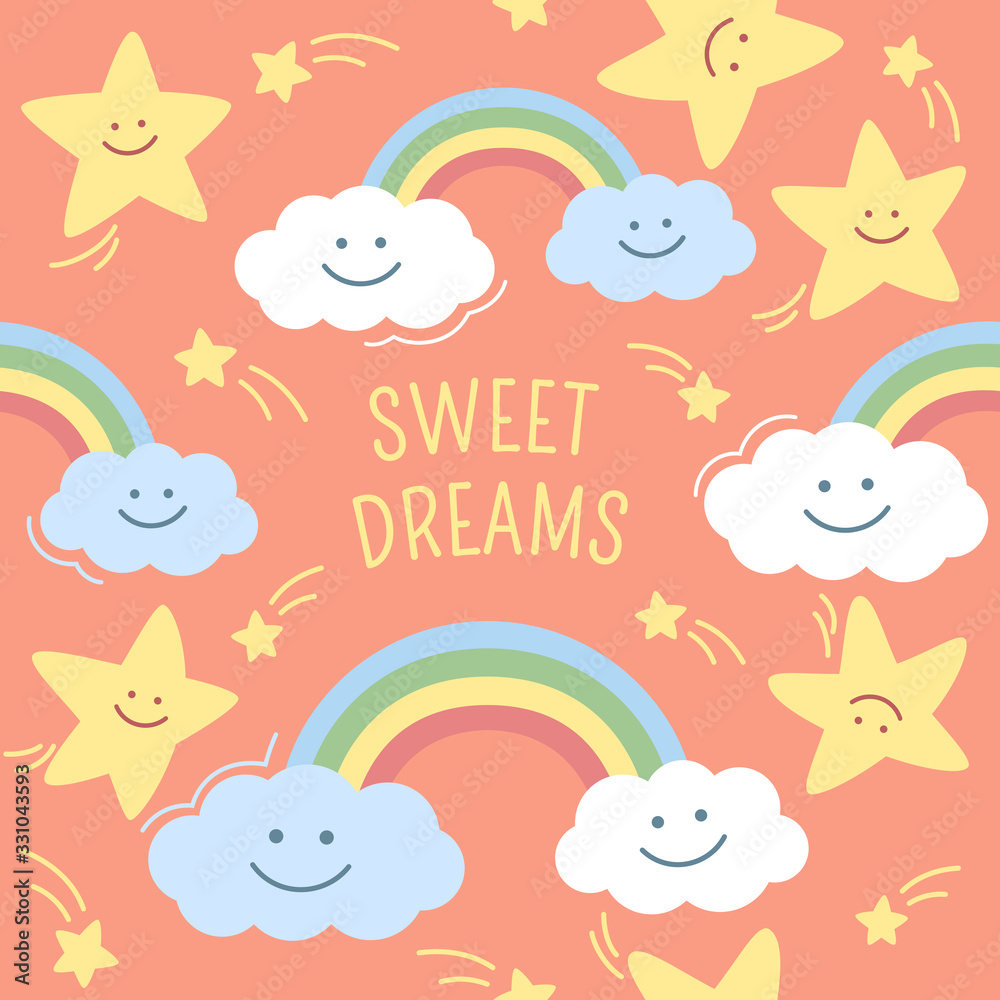 Clouds, stars and rainbow on pink background with comets and sweet dreams. Cute nursery seamless pattern.