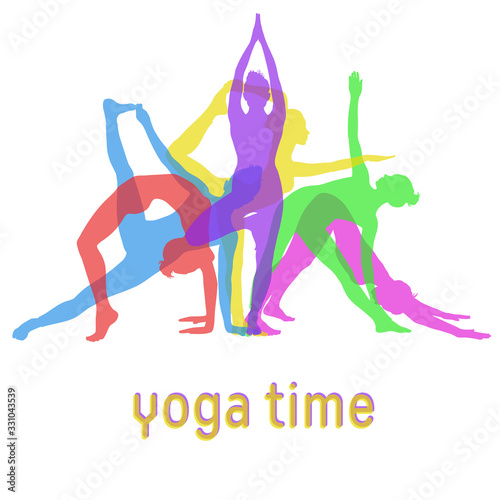 Silhouettes of yoga girls mixed together for yoga banner design. Colored vector icons of woman practicing different yoga poses.