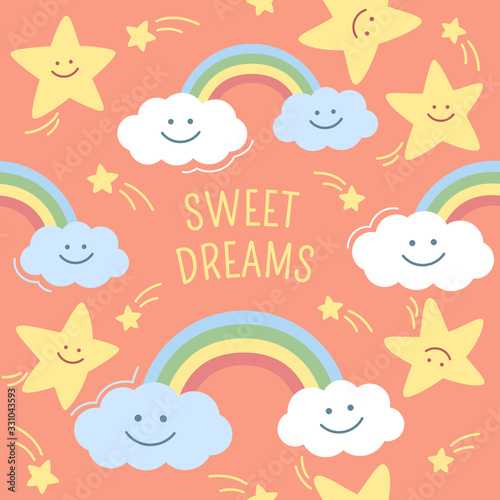 Clouds, stars and rainbow on pink background with comets and sweet dreams. Cute nursery seamless pattern.