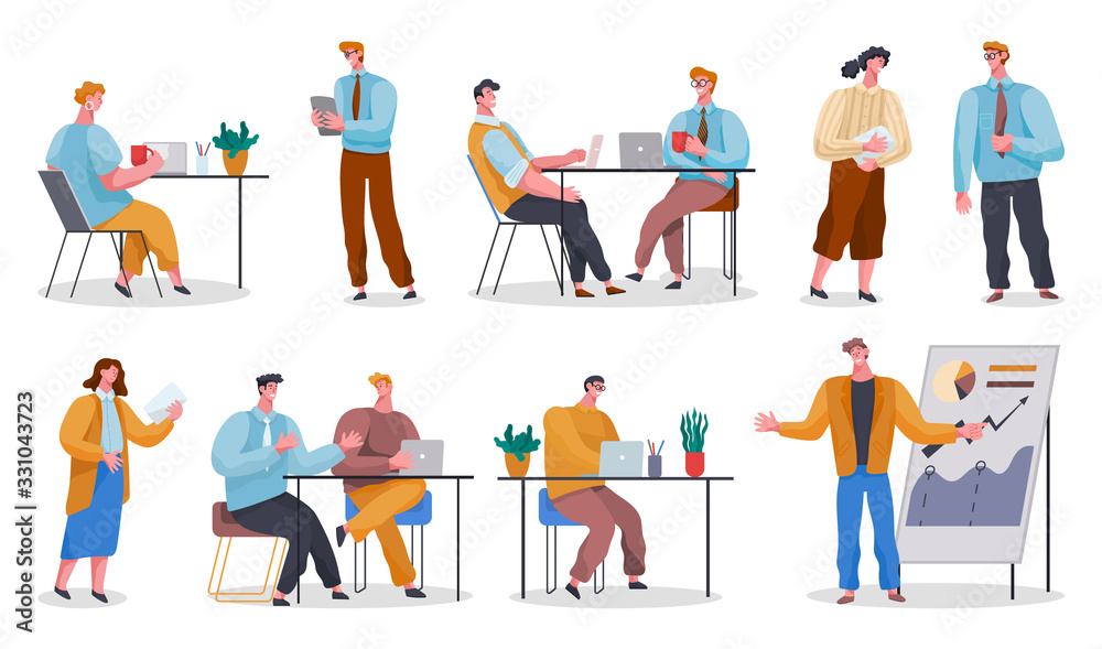Collection of people working on projects in office. Set of isolated workers using laptops or giving presentation on meeting. Seminars and conferences at work. Businessman and businesswoman, vector