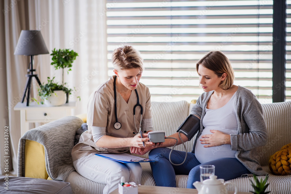 A healthcare worker examining pregnant woman indoors at home. A healthcare worker examining pregnant woman indoors at home.