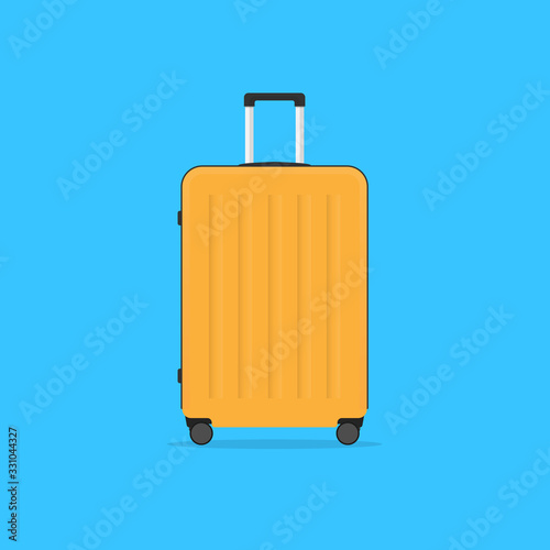 orange plastic travel suitcase with wheels and a telescopic handle. baggage icon.