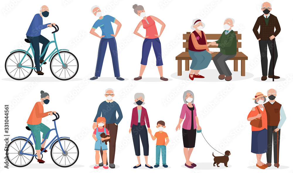 Active grandparents old seniors people in medical face mask. Quarantine, stop coronavirus 2019-nCoV, COVID-19, SARS-CoV-2 epidemic vector illustration.