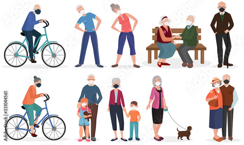 Active grandparents old seniors people in medical face mask. Quarantine, stop coronavirus 2019-nCoV, COVID-19, SARS-CoV-2 epidemic vector illustration.