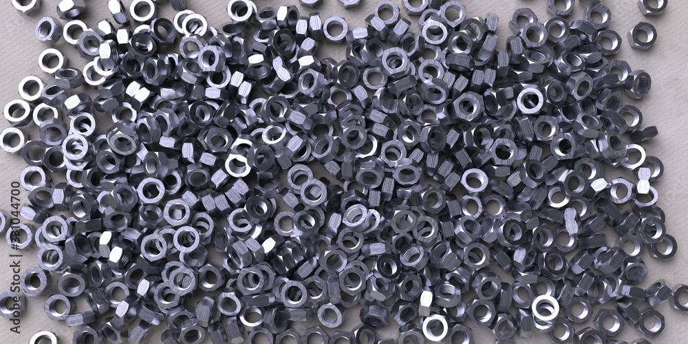 A lot of mounting nuts on a paper backing. 3d rendering. Industrial background with hex nuts A lot of mounting nuts on a paper backing. 3d rendering. Industrial background with hex nuts