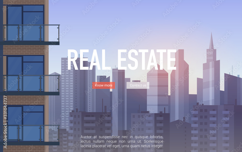 Sale, buy and rent of real estate website, landing page. Modern beautiful urban background with tall buildings and skyscrapers flat vector illustration. Template webpage apartment business, service