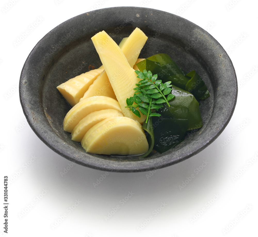 Wakatakeni, simmered young bamboo shoots with wakame seaweeds, traditional Japanese cuisine