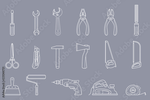 Work tool Icons set - Vector outline symbols of hammer, wrench, screwdriver, pliers, spanner, drill, axe and knife for the site or interface