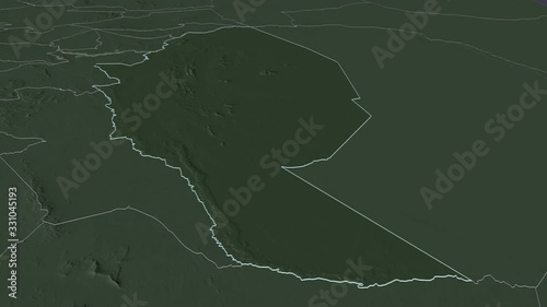 Kitui, county with its capital, zoomed and extruded on the administrative map of Kenya in the conformal Stereographic projection. Animation 3D photo