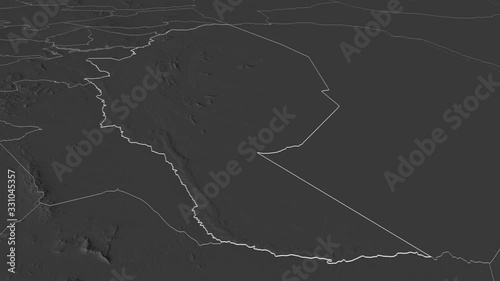 Kitui, county with its capital, zoomed and extruded on the bilevel map of Kenya in the conformal Stereographic projection. Animation 3D photo