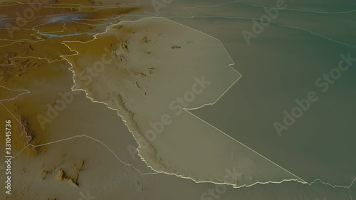 Kitui, county with its capital, zoomed and extruded on the relief map of Kenya in the conformal Stereographic projection. Animation 3D photo