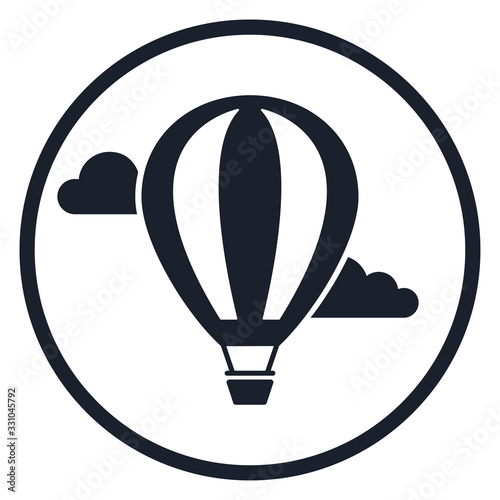 Hot air balloon with bunting flags and clouds. Vector illustration