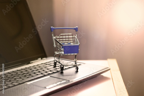 Shopping basket on laptop keyboard. Online shopping, home shopping © Denis