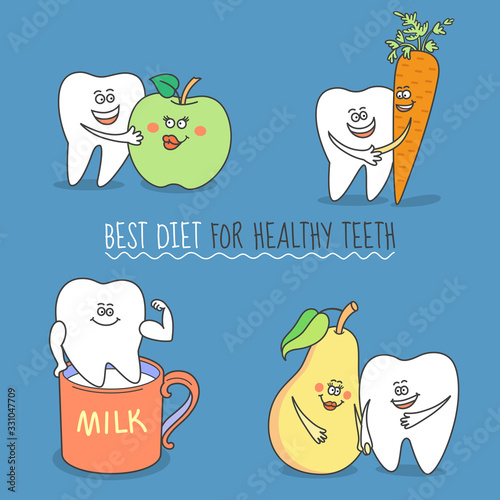 Set of cartoon teeth. Tooth with apple, carrot, milk, pear, fruits, dairy products. Best diet for healthy teeth.