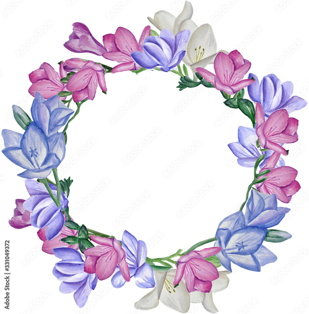 lilies and other flowers hand-drawn watercolor isolated on white background. blue birds lilies and other flowers hand-drawn watercolor isolated on white background. blue birds