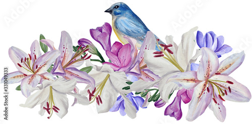 lilies and other flowers hand-drawn watercolor isolated on white background. blue birds