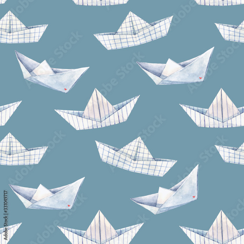 Beautiful seamless pattern with watercolor paper boats. Stock illustration.