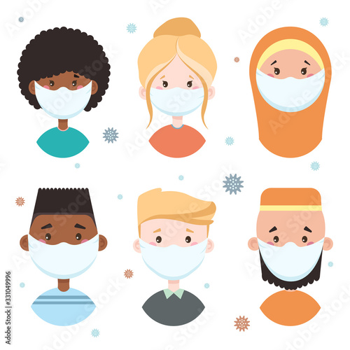 People of different nationalities in medical masks. Characters in flat style. Virus, coronovirus