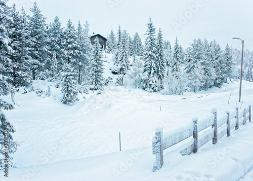 Wooden Cottage near the gate in the snow covered forest in Ruka in Finland in the Arctic pole circle