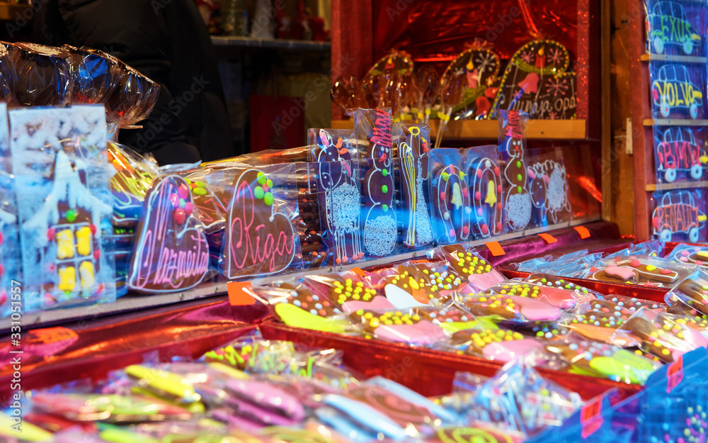 Traditional sweet souvenirs at the Christmas market in Old Riga