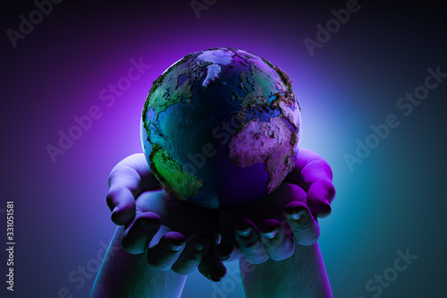 The Earth In Human Hands On Neon Background. Global Future Of The Planet Depends On Human. 3D Rendering.