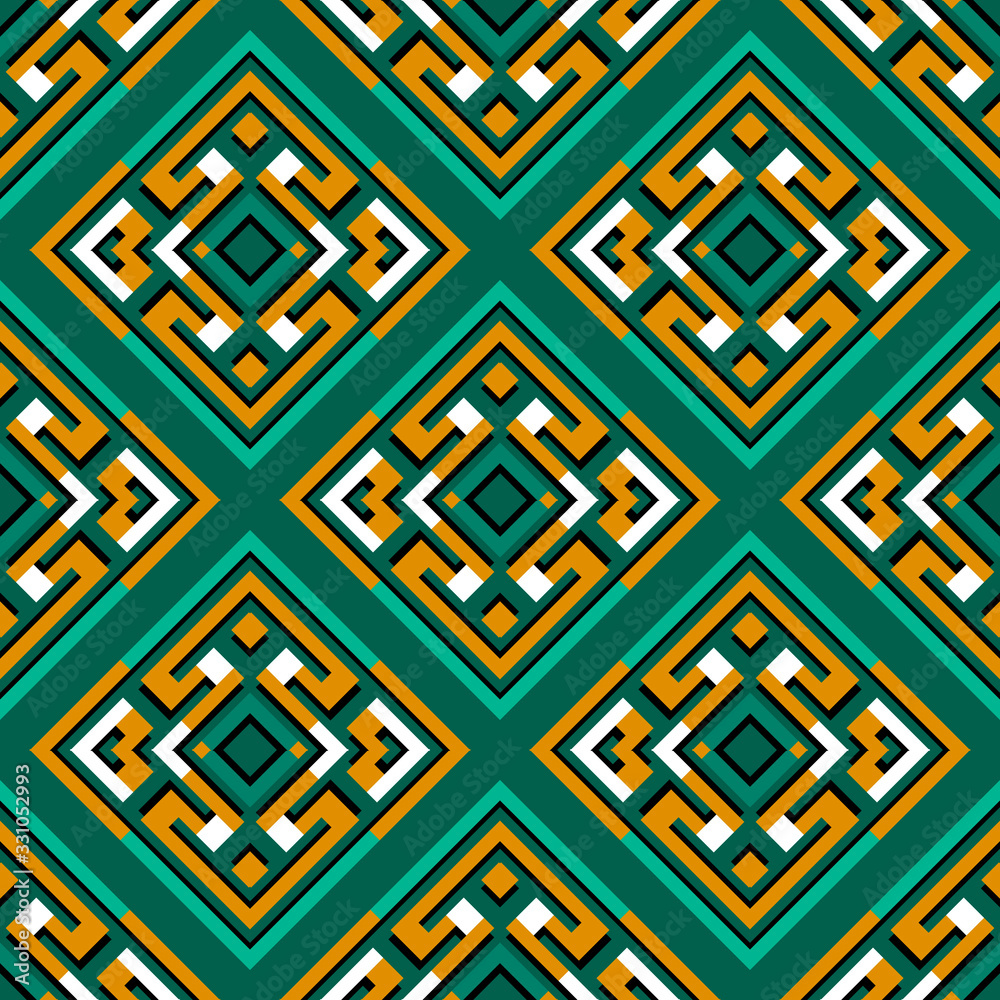 Greek vector seamless pattern. Ornamental geometric ethnic tribal style background. Colorful abstract green backdrop. Geometric modern greek key meanders folk ornament. Rhombus, frames, shapes