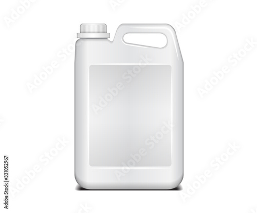 White plastic container. Liquid laundry detergent with lid. Plastic white canister