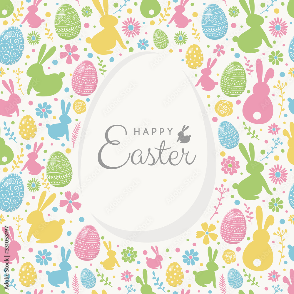 Concept of Easter greeting card with colourful bunnies, eggs and flowers. Vector