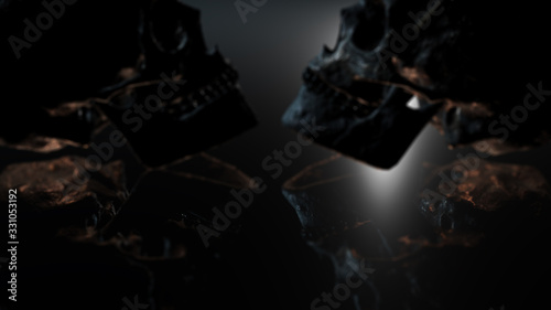 Fototapeta Naklejka Na Ścianę i Meble -  Human skull with dark background. Death, horror, anatomy and halloween symbol. 3d rendering, 3d illustration