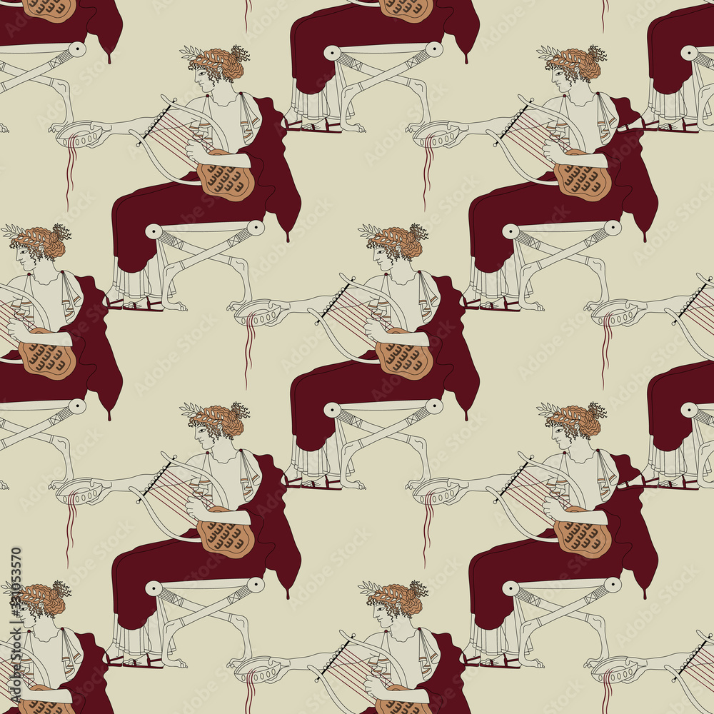 Seamless vintage pattern with silhouettes of ancient Greek god Apollo ...