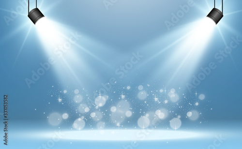 White scene on with spotlights. Vector illustration.