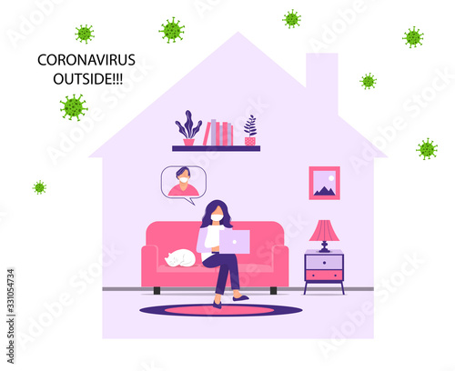 Communication through social networks without leaving your home during an outbreak of the COVID-19 virus. People communicate over the Internet from home to prevent the spread of the virus.