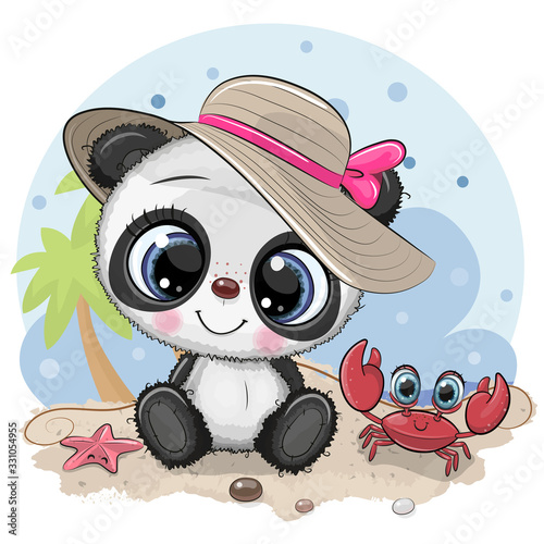 Panda Girl in a hat and cute crab on the beach