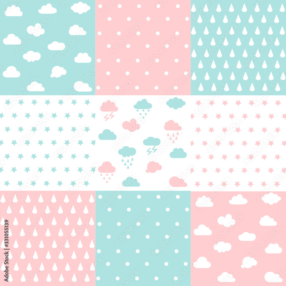Set of baby patterns. Seamless pattern vector. Graphic design elements. Soft cloud pattern set Set of baby patterns. Seamless pattern vector. Graphic design elements. Soft cloud pattern set
