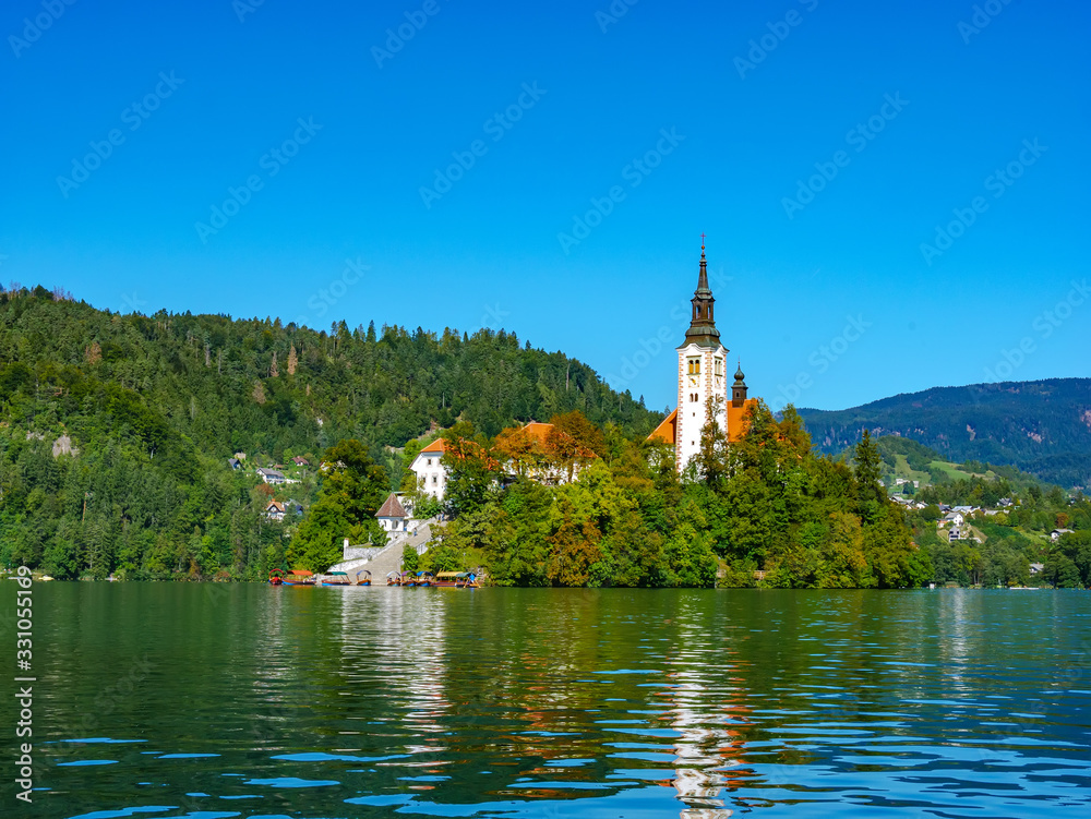 View on the Pilgrimage Church of the Assumption of Maria on the Lake Bled.