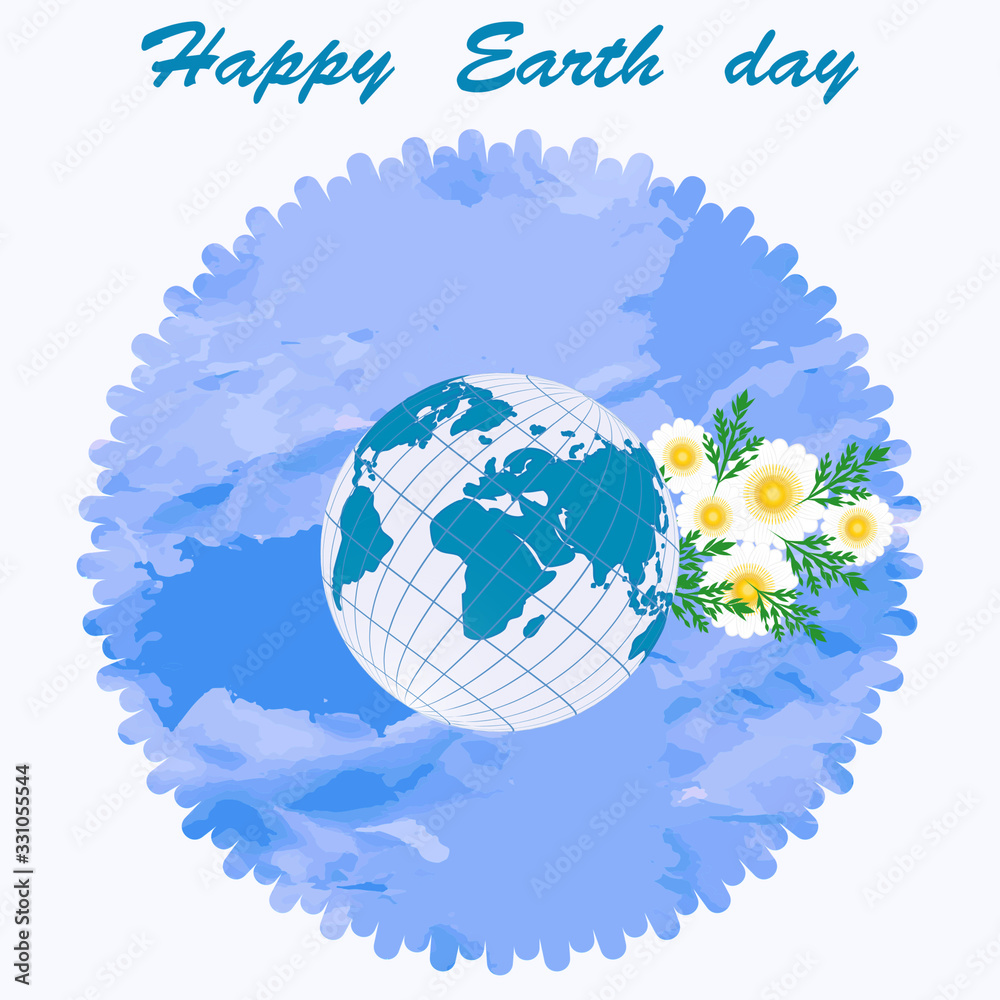 Globe - a bouquet of daisies - abstract background in grunge style - round icon - art, vector. Ecology: Happy Earth Day