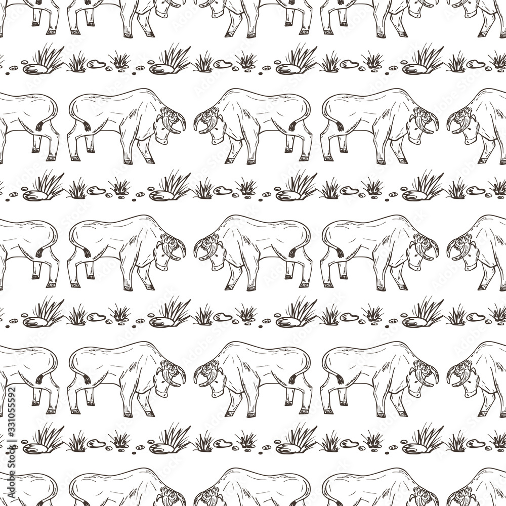 Fototapeta premium Vector Seamless pattern with hand drawn doodle Bull. Black and white Animal background