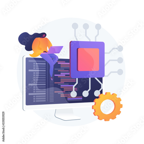 Online database, cloud disk. Data storage, information base, computer application. PC user, operator cartoon character. Information on monitor screen. Vector isolated concept metaphor illustration.